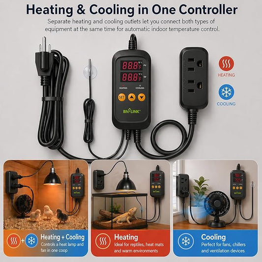 BN-LINK Digital Temperature Controller Thermostat Outlet with Heating Cooling Mode, 2-Stage Outlet Thermostat Controller Plug for Reptiles Aquarium Carboy Homebrew Breeding Fermenter Seed Germination