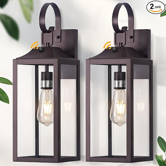 19" Dusk to Dawn Outdoor Lighting 2 Pack, Large Outdoor Wall Sconce Dusk to Dawn Sensor Wall Sconce Lamp, Anti Rust Bronze Dusk Till Dawn Porch Light for Doorway, Garage, Patio