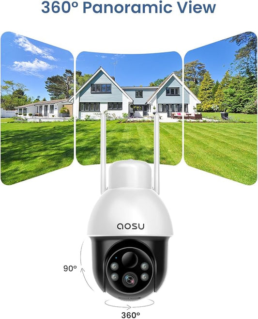 aosu Solar Camera Security Outdoor - Security Cameras Wireless Outdoor with 360° Panoramic View, Human Auto Tracking, 2K Night Vision, Compatible with Alexa/Google Assistant (2 Pack)