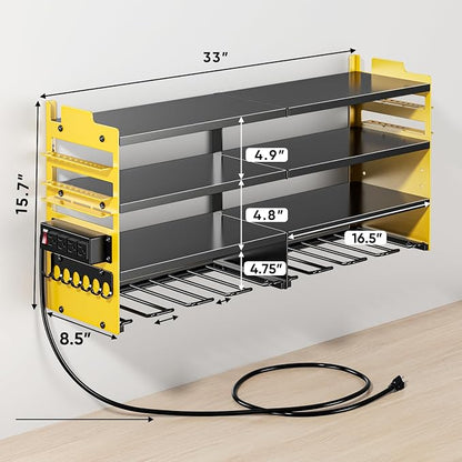 POKIPO Large Power Tool Organizer Wall Mount with Charging Station,4 Layer Heavy Duty Metal Storage Rack Loads 600lbs with 8 Cordless Drill Holder,Battery Utility Rack Gift for Garage workshops Room