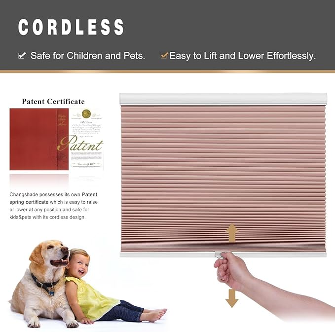 Changshade Cellular Shades Blackout Cordless Custom Size, Honeycomb Indoor Window Blinds Room Darkening 1.5 inch Cell Pleated Easy to Install for Home, Office, Bedroom, Nursey, Pink