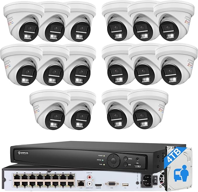 《Strobe Sound Light Alarm & 2-Way Audio》Anpviz 16CH 4K PoE Security Camera System, 16X 8MP Wired IP Turret Cameras Outdoor Metal, 12MP NVR with 4TB HDD, True Plug & Play for Business Home(H Series)