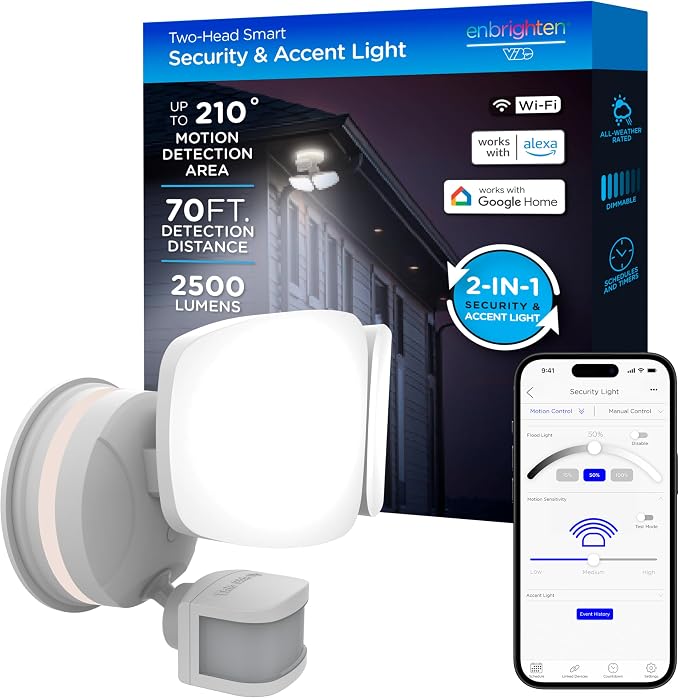 Enbrighten Vibe Smart LED Security Light, Motion Activated, Dual Head | ETL Listed, UV Resistant, 2500 Lumens, 4000K, Works with Alexa, Google Home, White, 58242