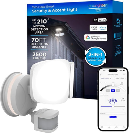 Enbrighten Vibe Smart LED Security Light, Motion Activated, Dual Head | ETL Listed, UV Resistant, 2500 Lumens, 4000K, Works with Alexa, Google Home, White, 58242