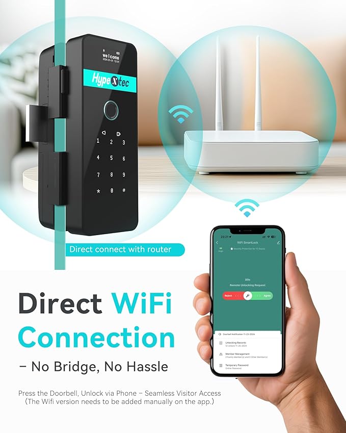Upgrade Smart Glass Door Locks for Frameless Glass Doors–Keyless Entry Deadbolts with WiFi App Control,Fingerprint,IC Card,Voice Menu and No-Drill Installation,Office Home Business