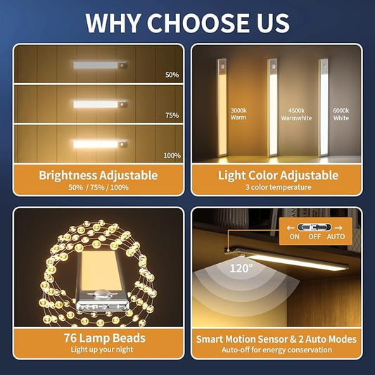 Under Cabinet Lights,76 LED Operated Motion Sensor Light Indoor,1500mAh USB Rechargeable Closet Lights, 6 Pack Magnetic Dimmable Closet Lights，Wireless Under Counter Lights for Kitchen, Stairs.