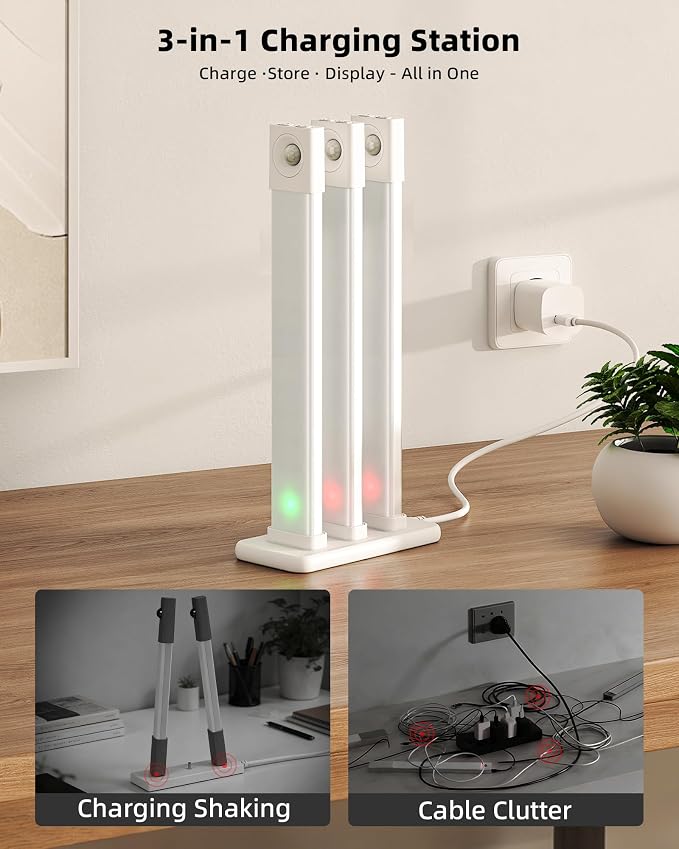 EZVALO 6 Pack LED Under Cabinet Lights Wireless with Charging Station, 11.8'' Motion Sensor Light Indoor, 1100mAh Rechargeable, 3 Color Temperatures, Dimmable Closet Lights for Pantry, Hallway, Stair