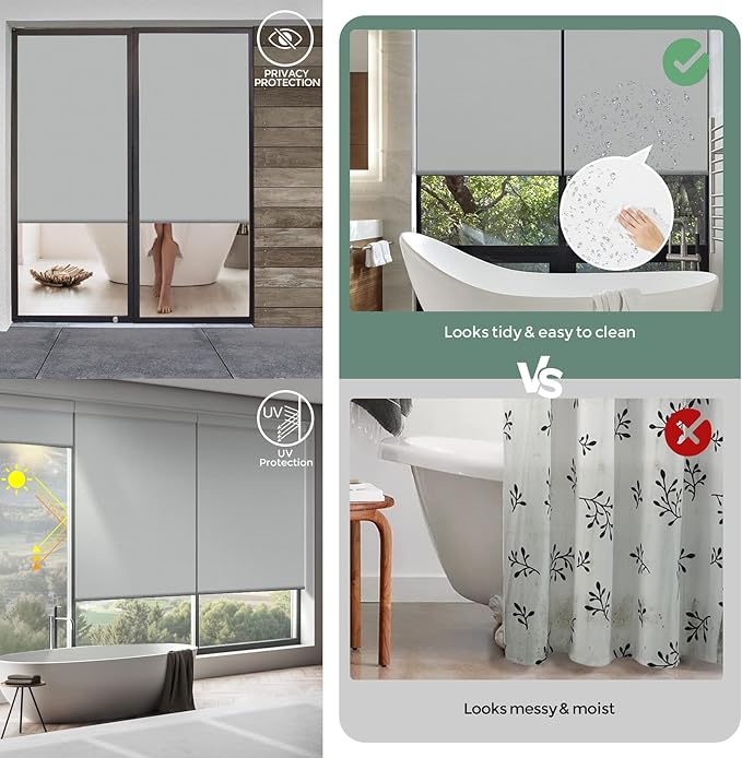 Yoolax Motorized Shower Roller Shades for Bathroom with Remote Control, Automatic Heavy Duty Thick Fabric Shower Curtain Compatible with Alexa, Blackout Battery Solar Powered Blind Custom (LightGrey)
