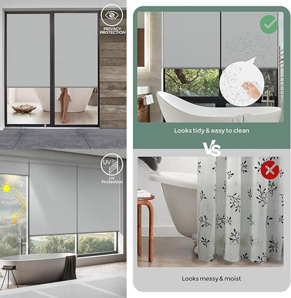 Yoolax Motorized Shower Roller Shades for Bathroom with Remote Control, Automatic Heavy Duty Thick Fabric Shower Curtain Compatible with Alexa, Blackout Battery Solar Powered Blind Custom (LightGrey)