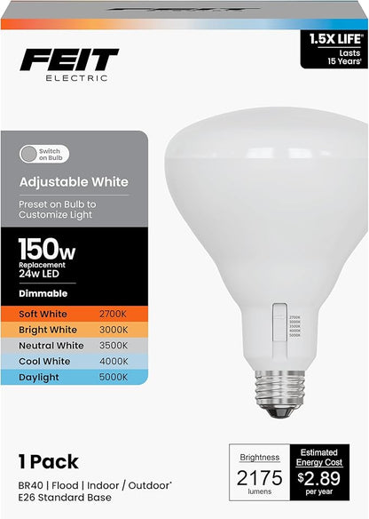 Feit Electric BR40 LED Light Bulb, 150W Equivalent, Dimmable, 5CCT, E26 Medium Base, 90 CRI, 2175 Lumens, Adjustable White, 15.5 Years Lifetime, BR40150DM5CCTCA15K