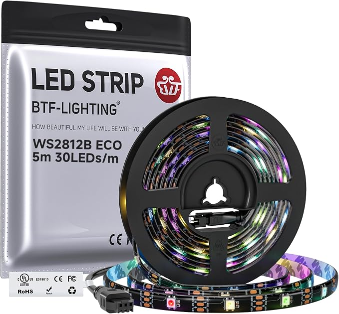 BTF-LIGHTING WS2812B ECO RGB LED Strip,UL Listed,Individually Addressable,16.4FT 30LED/m 150Pixel DC5V 5050SMD,Alloy Wire Flexible 3M Tape for DIY Chasing Color Project IP65(No Adapter or Controller)