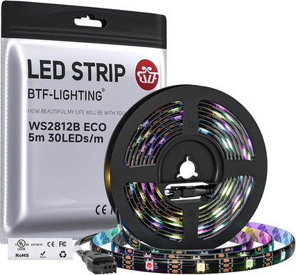 BTF-LIGHTING WS2812B ECO RGB LED Strip,UL Listed,Individually Addressable,16.4FT 30LED/m 150Pixel DC5V 5050SMD,Alloy Wire Flexible 3M Tape for DIY Chasing Color Project IP65(No Adapter or Controller)