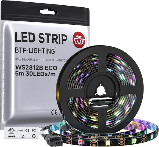 BTF-LIGHTING WS2812B ECO RGB LED Strip,UL Listed,Individually Addressable,16.4FT 30LED/m 150Pixel DC5V 5050SMD,Alloy Wire Flexible 3M Tape for DIY Chasing Color Project IP65(No Adapter or Controller)