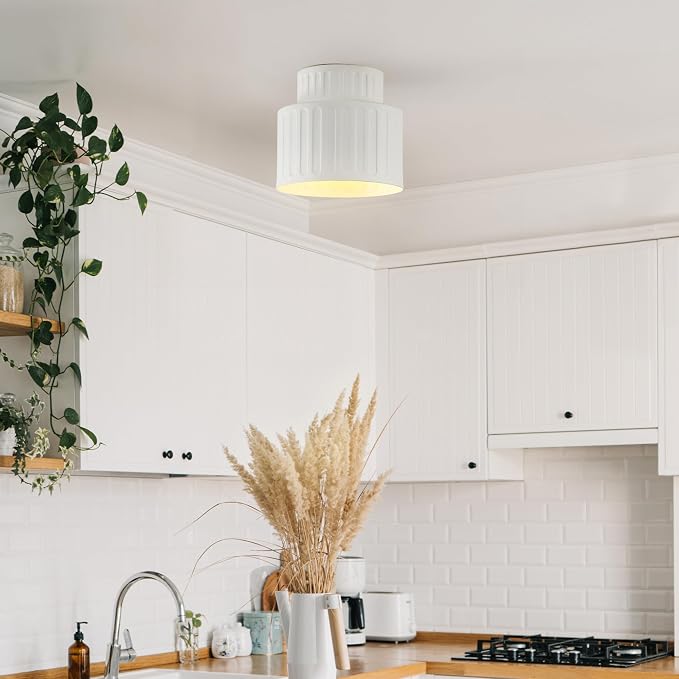 1-Light Ceramic Effect Flush Mount Ceiling Light with Ribbed Details | Ceramic Effect Ribbed Shade, Hallway, Bedroom, Kitchen, Dining Room, Model 66000135
