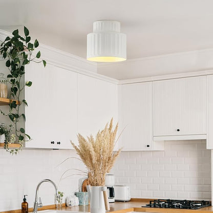 1-Light Ceramic Effect Flush Mount Ceiling Light with Ribbed Details | Ceramic Effect Ribbed Shade, Hallway, Bedroom, Kitchen, Dining Room, Model 66000135