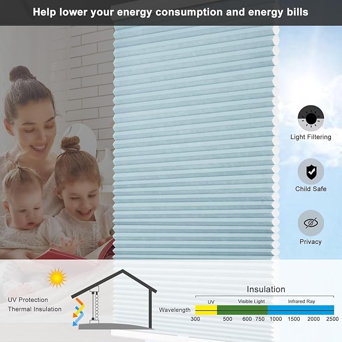 Changshade Cellular Shades Light Filtering Cordless Custom Size, Honeycomb Door Window Blinds 1.5 inch Cell Pleated Easy to Install for Home, Office, Apartment, House, Bedroom, Nursey, Blue