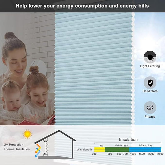 Changshade Cellular Shades Light Filtering Cordless Custom Size, Honeycomb Door Window Blinds 1.5 inch Cell Pleated Easy to Install for Home, Office, Apartment, House, Bedroom, Nursey, Blue