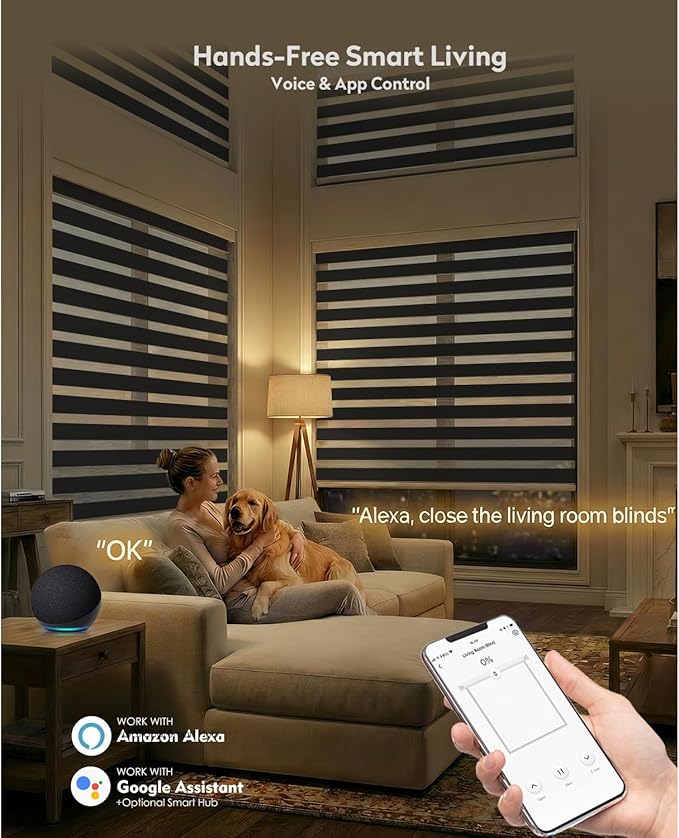 ACMEART Motorized Zebra Blinds,Smart APP & Remote Control 100% Blackout Shades,Compatible with Alexa,Custom Size Electric Window Blinds for Bedroom/Home/Office (Jet Black)