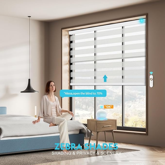 Motorized Zebra Blinds with Remote, Work with HomeKit Alexa, Smart Light Filtering Horizontal Automatic Electric Window Shades for Home Office Customsize(55% Blackout Treebark White)