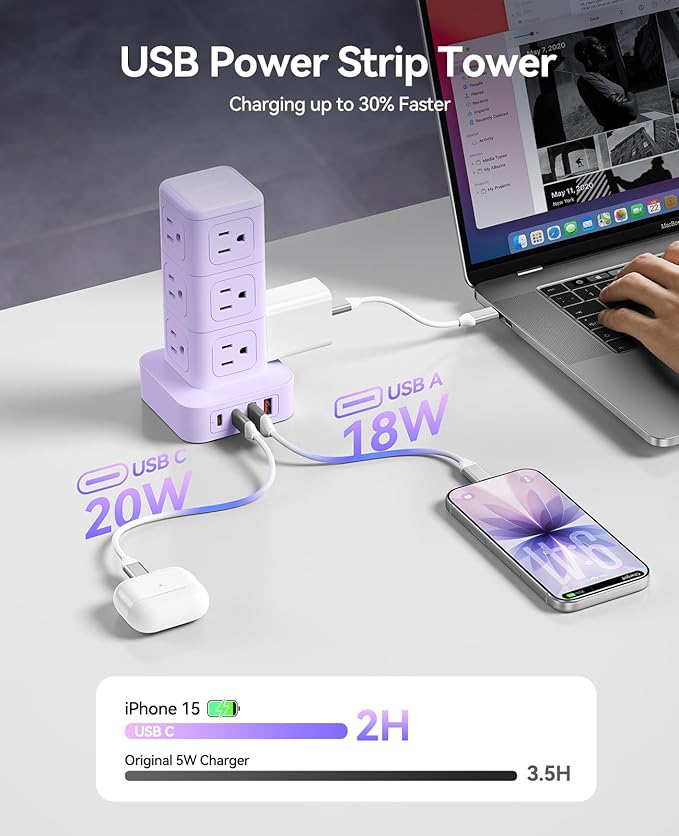 ORICO Power Strip Tower with Multiple Outlets, Tower Extension Cord with 12 AC Outlets 4 USB Ports (2 USB C), Space Saving Design, 5FT Cord Power Tower for Home, Office, Dorm - TPP20