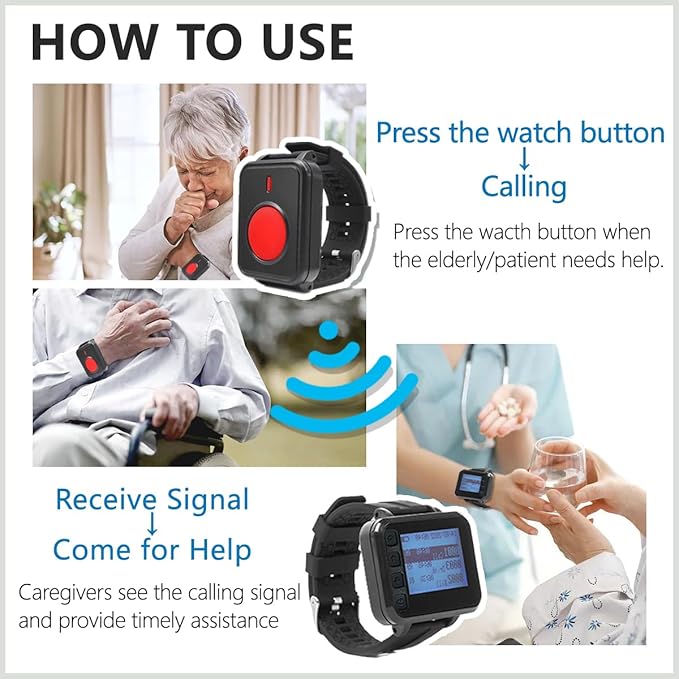 Wireless Caregiver Call Button Watch for Elderly at Home | Waterproof Wrist Wear Alert Button for Seniors | Long Range Emergency Wrist Alarm with Loud Sound for Family Nurse