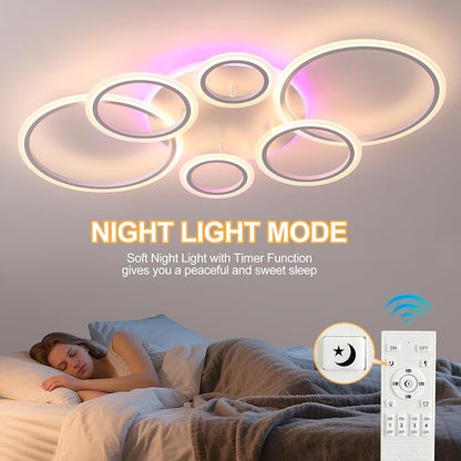 AITINZ Modern LED Ceiling Light 70W, 6 Ring Flush Mount Fixture Remote | 4200LM Dimmable Ceiling Light with Remote, 3000K-6000K Color Changing RGB Backlight for Living Room Bedroom Dining Room