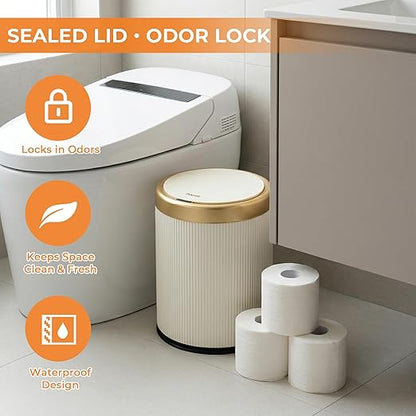 Pukomc Bathroom Trash Can with Lid，3.5 Gallon Motion Sensor Waterproof Touchless Garbage Can, Smart Plastic Trash Bins Suitable for Kitchen, Bathroom, Bedroom, Living Room, Office Beige