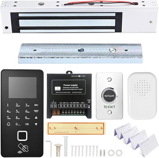 Biometric Access Control System with Fingerprint, Keypad, RFID, Infrared Exit Button, 1200lb Magnetic Lock, LCD Display, USB Download, Attendance Tracking, Timed Unlock,for Office, Store, Home