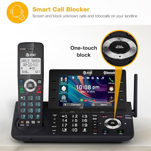 AT&T 4-Handset DECT 6.0 Cordless Home and Business Phone with Answering Machine, 5" Color Display, One-Touch Shortcut, Conference, Intercom, Smart Call Blocker, Bluetooth Connect to Cell: DLP73490