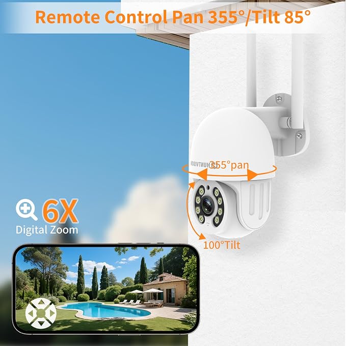 Security Camera Outdoor, E3Z 3MP PTZ 360° IP65 Weatherproof, AI Motion Tracking, Full-Color Night Vision, 2-Way Audio, TF/Cloud Storage
