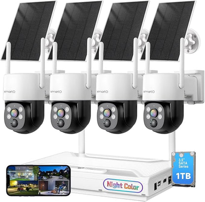 XMARTO 0-Light Night Color Solar Security Camera System, 2K HD Wireless PTZ, AI Tracking, WiFi6 Long Range, 10CH Expandable 4K NVR with 1TB HDD, HDMI Monitor/TV View, Mobile Access, 0 Monthly Fee