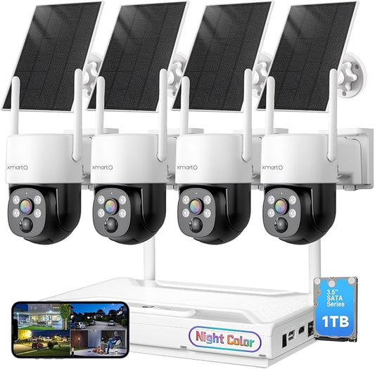 XMARTO 0-Light Night Color Solar Security Camera System, 2K HD Wireless PTZ, AI Tracking, WiFi6 Long Range, 10CH Expandable 4K NVR with 1TB HDD, HDMI Monitor/TV View, Mobile Access, 0 Monthly Fee