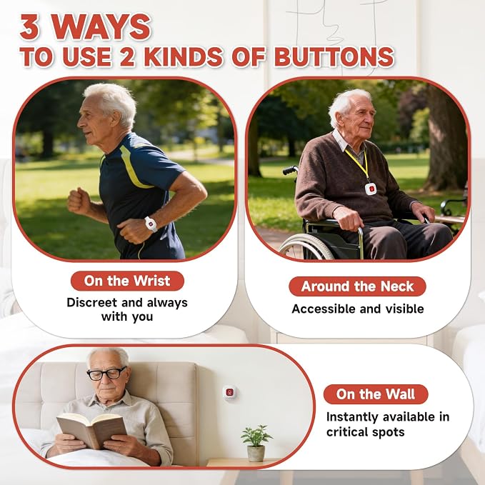 WiFi Wireless Caregiver Pager for Elderly, Wi-Fi Pager | No Monthly Fee, 2 Waterproof Caregiver Call Buttons and 2 Wristbands Panic Button, Life Alert System with App