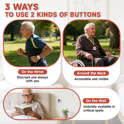 WiFi Wireless Caregiver Pager for Elderly, Wi-Fi Pager | No Monthly Fee, 2 Waterproof Caregiver Call Buttons and 2 Wristbands Panic Button, Life Alert System with App