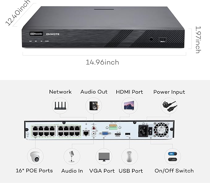 ONWOTE 6K 12MP 16 Channel PoE NVR, Smart AcuSearch, 16CH Video Audio Recorder (Built-in 16 PoE Ports), Only Work with ONWOTE 12MP/4K 8MP/6MP/5MP POE IP Cameras, Support 20TB (No Hard Drive Included)