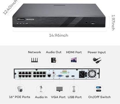 ONWOTE 6K 12MP 16 Channel PoE NVR, Smart AcuSearch, 16CH Video Audio Recorder (Built-in 16 PoE Ports), Only Work with ONWOTE 12MP/4K 8MP/6MP/5MP POE IP Cameras, Support 20TB (No Hard Drive Included)