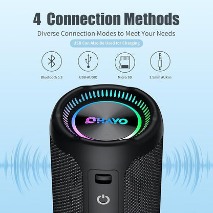 Bluetooth Speaker Wireless Loud Stereo Sound IPX7 Waterproof Outdoor Portable 25W Super Bass Speakers for Home Party Beach with 24H Playtime Colorful Lights BT 5.3 TWS Pairing Birthday Gift Black