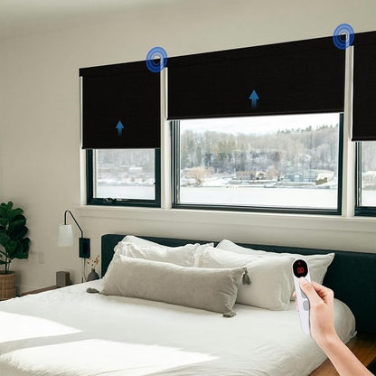 Motorized Blinds for Windows - Hapadif Roller Window Shades with Remote, No-Drill Installation, Cordless Automatic Blackout Electric Blinds, Adjustable Height, Easy to Use (Black, 46 x 72)