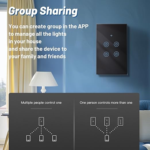 BSEED Smart Light Switch, 4 Gang WiFi Alexa Light Switch with Remote APP Control and Timing Function, Single Pole Black Light Switches Work with Alexa, Google Assistant, Voice Control, Group Control