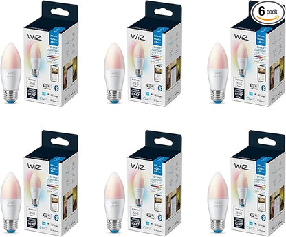 WiZ 40W B12 Color LED Smart Candle-Shaped Bulb - Pack of 6 - E26- Indoor - Connects to Your Existing Wi-Fi - Control with Voice or App + Activate with Motion - Matter Compatible