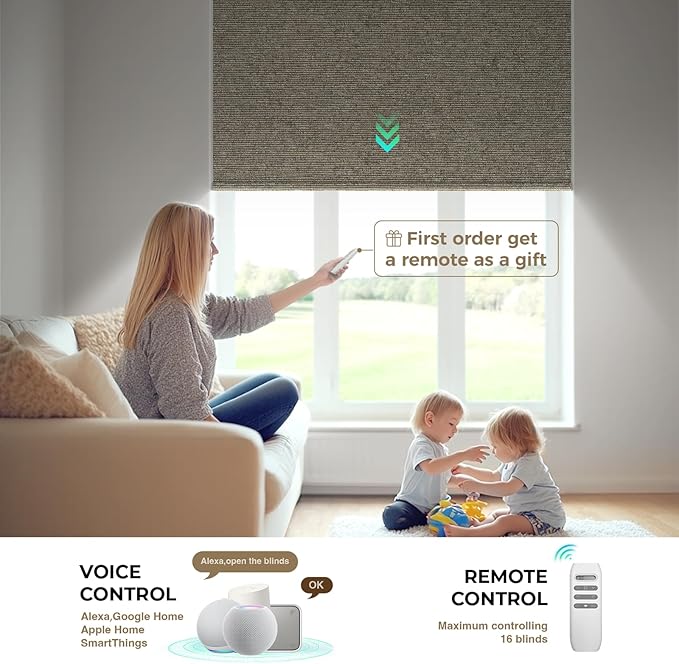 HeyBlinds Motorized Blinds with Remote, 100% Blackout Smart Blinds, Automatic Shades for Windows Compatible with Alexa Google and Homekit, Custom Size(Light Chaser-Coffee BO)