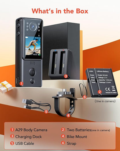 BOBLOV 4K Mini Body Camera with Video and Audio 128G, 2X 1400mAh Batteries& Charging Dock, A29 Body Wearable Camera with Night Vision & Bike Mount for Security, Vlogging, Pet, Cycling, Daily Recording