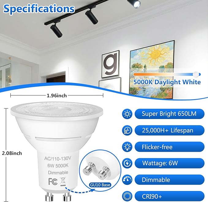 Yochoice MR16 GU10 LED Bulb Dimmable, 650LM GU10 Bulb 5000K Daylight White, 50W Halogen Equivalent, 6W GU10 Light Bulb with 38° Beam Angle for Recessed Track Lighting Kitchen Living Room, 10-Pack