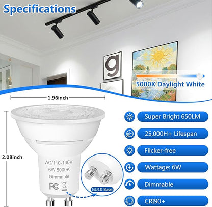 Yochoice MR16 GU10 LED Bulb Dimmable, 650LM GU10 Bulb 5000K Daylight White, 50W Halogen Equivalent, 6W GU10 Light Bulb with 38° Beam Angle for Recessed Track Lighting Kitchen Living Room, 10-Pack