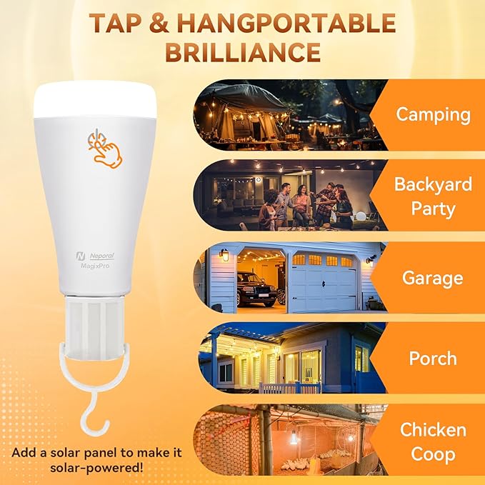 Neporal MagixPro Rechargeable Light Bulbs with Remote, USB + Socket Rechargeable, 1800mAh Large Battery Light Bulb, 3 Color Shift + Stepless Dimmable, A19 E26 Emergency Light Bulb, 15W (MagicPro, 2)