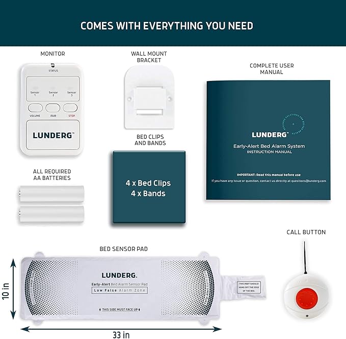 Lunderg Early Alert Bed Alarm System with Call Button, Wireless Bed Sensor Pad & Pager - Elderly Monitoring Kit with Pre-Alert Smart Technology - Bed Alarms and Fall Prevention for Elderly