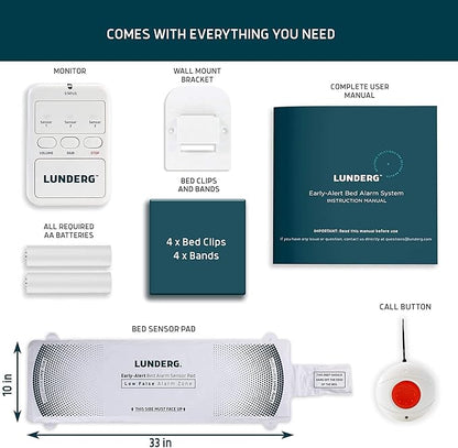 Lunderg Early Alert Bed Alarm System with Call Button, Wireless Bed Sensor Pad & Pager - Elderly Monitoring Kit with Pre-Alert Smart Technology - Bed Alarms and Fall Prevention for Elderly