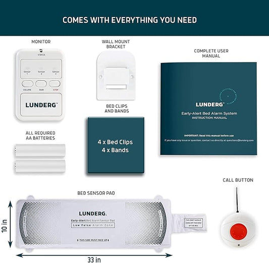 Lunderg Early Alert Bed Alarm System with Call Button, Wireless Bed Sensor Pad & Pager - Elderly Monitoring Kit with Pre-Alert Smart Technology - Bed Alarms and Fall Prevention for Elderly