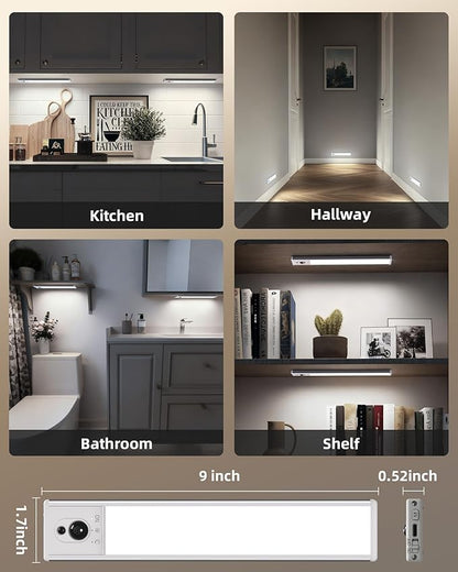 EZVALO 3-Pack Under Cabinet Lighting, 2400mAh Motion Sensor Light, LED Closet Lights Wireless, 6500K Dimmable, Timer, Magnetic, with Remote Control for Kitchen, Closet, Stair