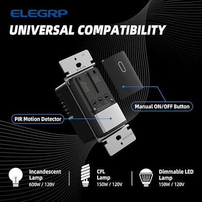 ELEGRP Occupancy Motion Sensor Light Switch, PIR Infrared Motion Activated Wall Switch, No Neutral Wire, Single Pole for CFL/LED/Incandescent Bulb, Wall Plate Included, UL Listed (2 Pack, Matte Black)